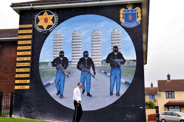 PACEMAKER BELFAST     29/3/2007
A UDA/UFF wall mural in the Loyalist rathcoole estate in South East Antrim this morning...29/3/2007 Kirkham and another senior figure within the UDA, Gary Fisher have been expelled from the organisation today with immediate effect. Kirkham outrages many last year when he asked the Government for £8.5 million so that the UDA could go "legit"...