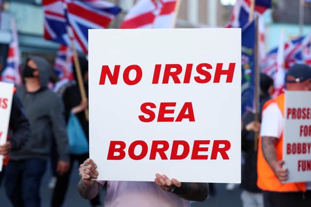 Press Eye - Belfast - Northern Ireland - 18th June 2021 - 

Loyalist protestors pictured at an anti-protocol rally in Newtownards, Co Down