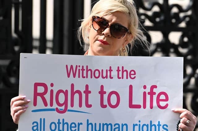 Bernie Smyth from Precious Life  protests outside Belfast High Court in May. Pic Colm Lenaghan/Pacemaker