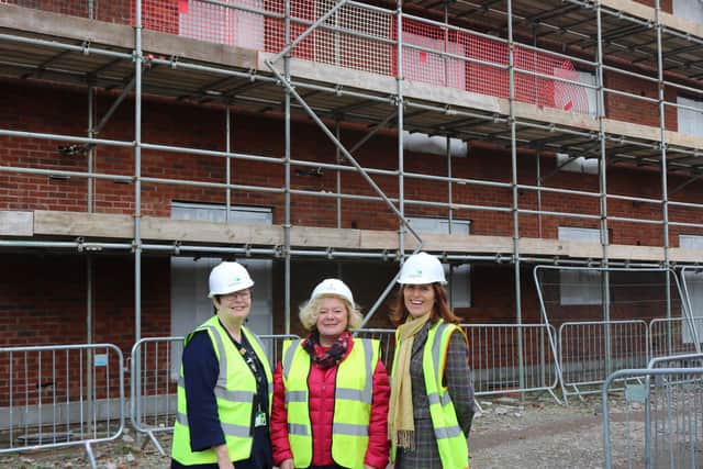Julie Thomas, chair of Melin Board, Councillor Jane Mudd, Newport City Council and Paula Kennedy, chief executive Melin Homes at a recent development that Melin Homes has completed in Tredegar Court, Newport