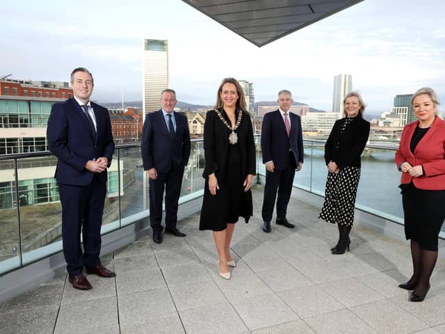 Press Eye - Belfast - Northern Ireland - 15th December 2021

First Minister Paul Givan, Finance Minister Conor Murphy, Councillor Kate Nicholl, Secretary of State Brandon Lewis, Lord Mayor of Belfast, Suzanne Wylie, Chair of BRCD Executive Board and deputy First Minister Michelle O'Neill are pictured at the ICC Belfast after the signing of The Belfast Region City Deal.

Picture by Kelvin Boyes / Press Eye.