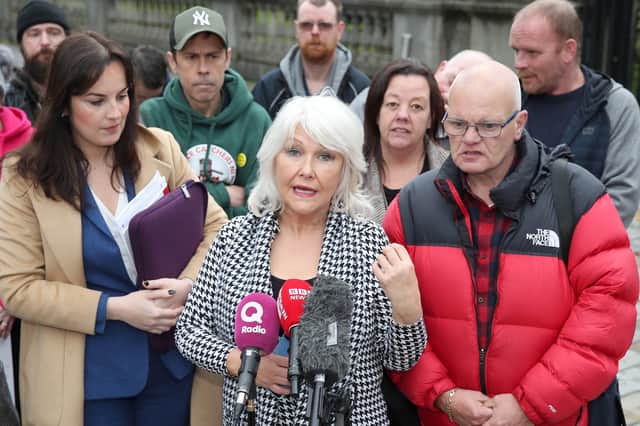 Press Eye. Margaret McGuckin speaks to media in Belfast with SAVIA supporters