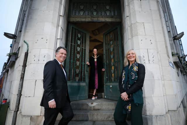 Lord Mayor of Belfast Kate Nicholl (centre) with Suzanne Wylie, Chief Executive of Belfast City Council and Richard Williams, Chief Executive of NI Screen, at the Bank of Ireland building on Royal Avenue, Belfast. Picture by Kelvin Boyes / Press Eye