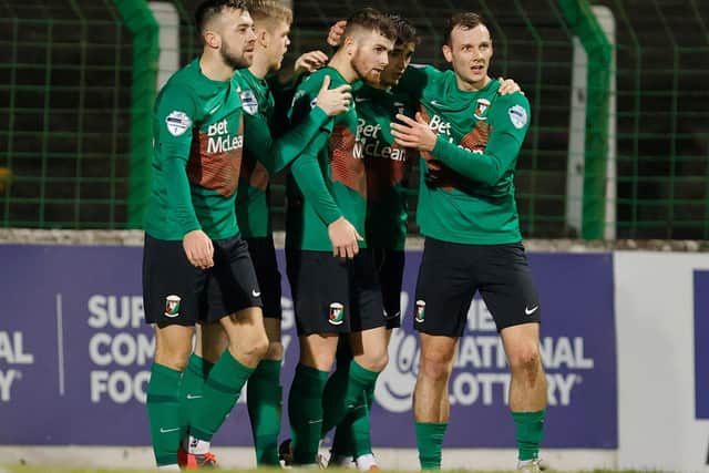 Glentoran celebrate during success over Glenavon by 2-0. Pic by Pacemaker.