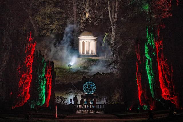 Lady Alice's Temple and lake lit by Culture Creative Christmas at Hillsborough Castle and Gardens. Photo Credit Brian Morrison @Sony Music