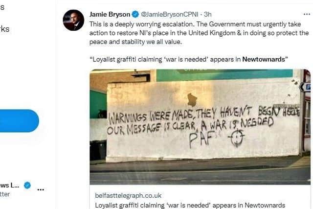 Jamie Bryson tweets a Belfast Telegraph article of loyalist graffiti in Newtownards