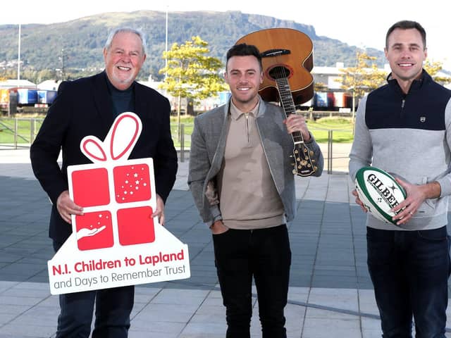 Tuesday 15th December  2021 

Photo by Declan Roughan
 
15 December 2021

Pictured are Northern Ireland Children to Lapland and Days to Remember Trust President, television broadcaster, Gerry Kelly with the charitys new ambassadors - Irelands number one country singing star Nathan Carter and former Ulster, Ireland and British and Irish Lions rugby ace Tommy Bowe.

 
Rugby ace Tommy Bowe, music star Nathan Carter and womens footballer Marissa Callaghan join the Northern Ireland Children to Lapland and Days to Remember Trust as ambassadors
The three top NI personalities will support the local charitys drive to give children with life-threatening and life-limiting conditions experiences to remember
 
Former Ulster, Ireland and British and Irish Lions rugby ace Tommy Bowe, Irelands number one country singing star Nathan Carter and Northern Ireland Womens Football Team captain, Marissa Callaghan have signed up as ambassadors for the Northern Ireland Children to Lapland and Days to Remember Trust (NICLT).
The
