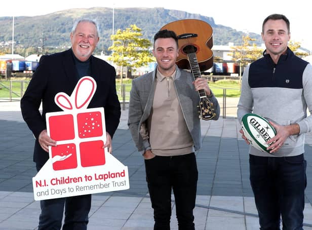 Tuesday 15th December  2021 Photo by Declan Roughan 15 December 2021Pictured are Northern Ireland Children to Lapland and Days to Remember Trust President, television broadcaster, Gerry Kelly with the charitys new ambassadors - Irelands number one country singing star Nathan Carter and former Ulster, Ireland and British and Irish Lions rugby ace Tommy Bowe. Rugby ace Tommy Bowe, music star Nathan Carter and womens footballer Marissa Callaghan join the Northern Ireland Children to Lapland and Days to Remember Trust as ambassadorsThe three top NI personalities will support the local charitys drive to give children with life-threatening and life-limiting conditions experiences to remember Former Ulster, Ireland and British and Irish Lions rugby ace Tommy Bowe, Irelands number one country singing star Nathan Carter and Northern Ireland Womens Football Team captain, Marissa Callaghan have signed up as ambassadors for the Northern Ireland Children to Lapland and Days to Remember Trust (NICLT).The