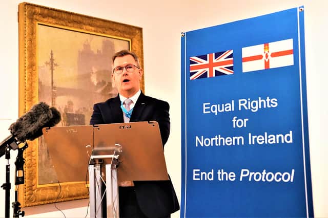 DUP leader Sir Jeffrey Donaldson speaking at a fringe event at the Conservative Party Conference in Manchester. Picture date: Monday October 4, 2021.