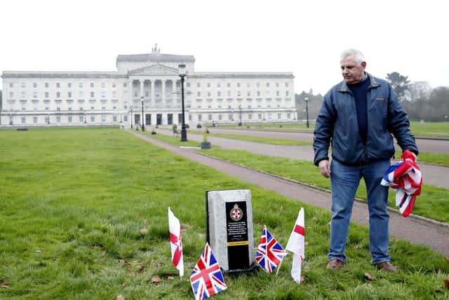 TUV East Belfast candidate John Ross unveils the Northern Ireland century stone at Stormont. Picture: Peter Morrison/PressEye