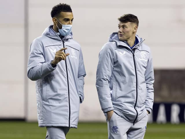 Rangers’ Nathan Patterson (right) in conversation with Connor Goldson before a Scottish Premiership fixture. Pic by PA.