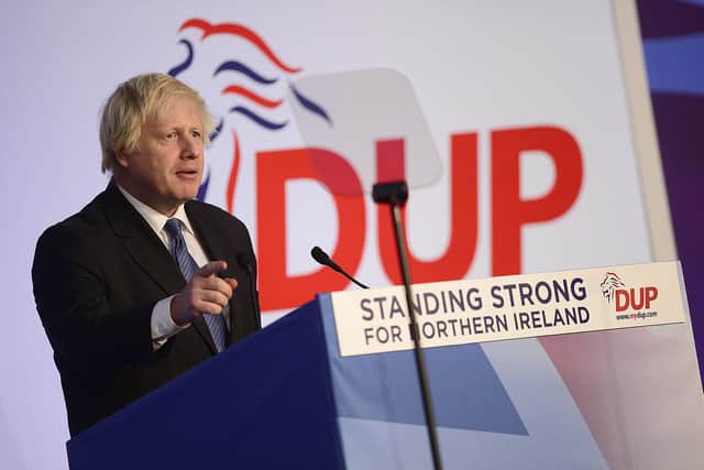 Boris Johnson at the 2018 DUP Annual Conference at the Crown Plaza hotel in Belfast, where he told delegates that no prime minister could support a regulatory or customs border in the Irish Sea. He agreed to both in 2019. 
Picture by Arthur Allison/Pacemaker Press
