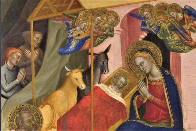 The birth of Jesus, depicted in an altarpiece made in 14th-century Florence, for the church of San Pier Maggiore (now displayed by the National Gallery)