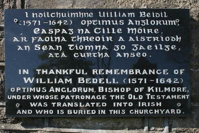 The plaque which commemorates the life of Bishop William Bedell and his efforts in translating the Old Testament into Irish