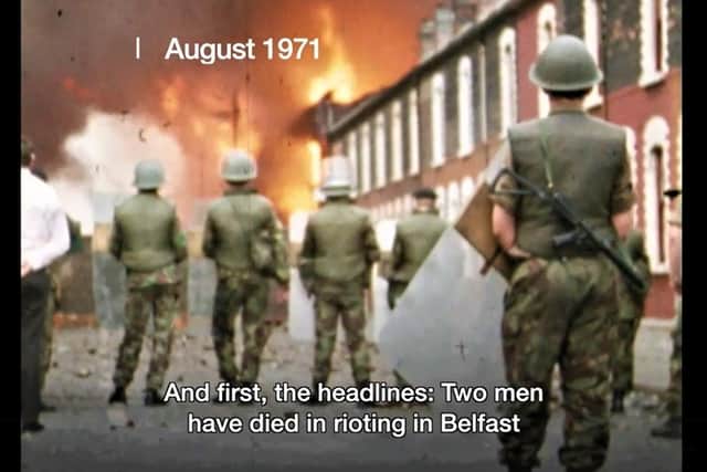 A terraced street burns amid rioting in 1971, at the time internment was introduced