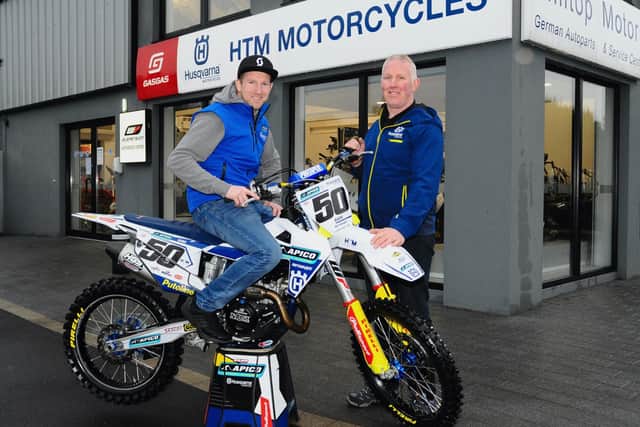 Martin Barr (left), who will race for Apico Husqvarna in 2022, with Phillip Caldwell from HTM Motorcycles