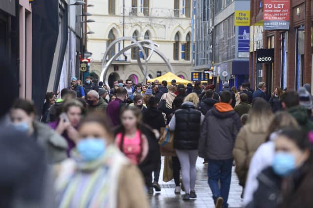 Belfast shoppers in the city centre, near Cornmarket, on Thursday as people aimed to get some Christmas shopping done shortly before Christmas. 
Picture by Arthur Allison/Pacemaker Press