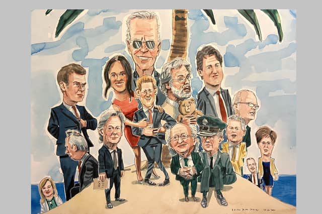 People to be banished to a desert island:

From bottom left, heading right, the Deputy First Minister of Northern Ireland Michelle O’Neill, President Emmanuel Macron of France, beneath him Ian Paisley MP, libel lawyer Paul Tweed, Meghan clutching Harry, President Joe Biden, top, Gerry Adams, then beneath him President Michael D Higgins, PSNI chief constable Simom Byrne, then President Justin Trudeau of Canada, top, Alliance councillor Michael Long, above him and slightly to the right Irish foreign minister Simon Coveney, First Minister Paul Givan, Scotland’s First Minister Nicola Sturgeon. 

Other people despatched to the island, but not illustrated, include Carrie Johnson, Martina Anderson, Wales’s First Minister, Mark Drakeford and
New Zealand’s Prime Minister, Jacinda Arden