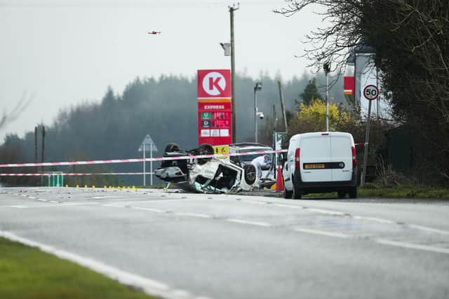 General view of a scene where three men have died following a two-vehicle crash in Co Tyrone. 

Photo: Press Eye