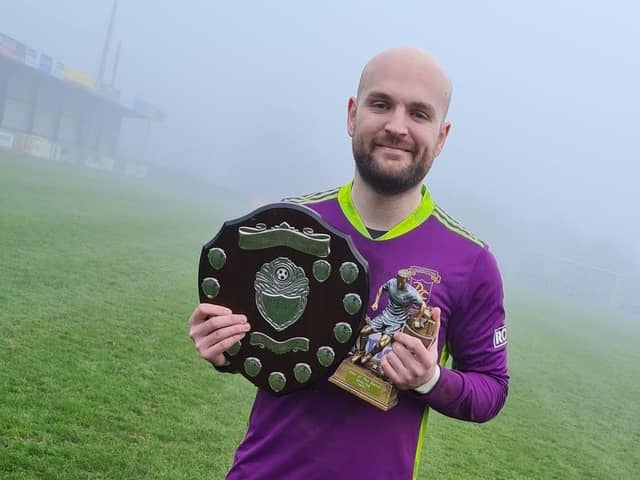 Dollingstown goalkeeper Gareth Buchanan was voted winner of the 'Man-of-the-Match' award during Bob Radcliffe Cup final success in Loughgall over Armagh City. Pic courtesy of Dollingstown FC.