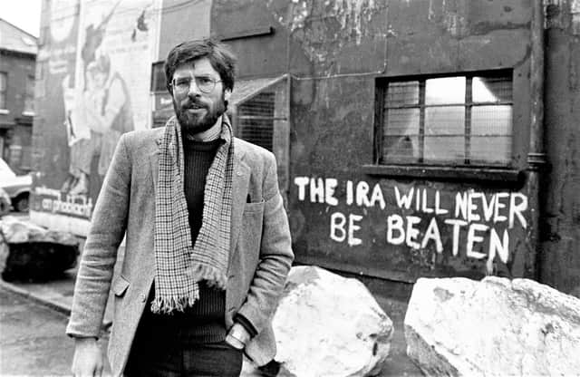 The then Sinn Fein president Gerry Adams pictured outside the party's HQ on the Falls Road in January 1984