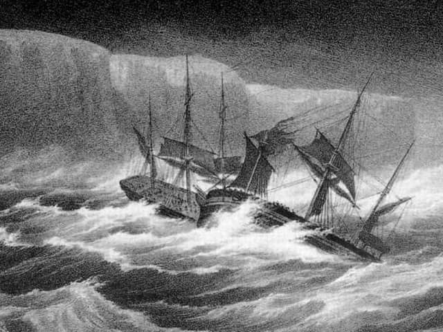 The dramatic collision of Erebus and Terror while trying to avoid icebergs in the Southern Ocean, 1842