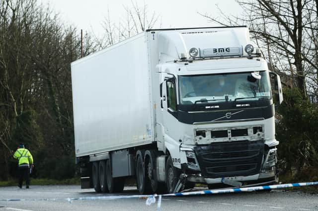 A lorry involved in the horrific A5 collision that claimed the lives of three young men in Co Tyrone. Photo: Press Eye