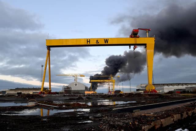 Emergency services in attendance at a fire in the Belfast docks area on Tuesday afternoon