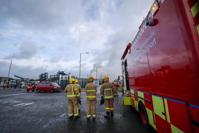 Fire crews at Clearway on East Twin Road at Belfast Docks. 

Picture by Philip Magowan / PressEye