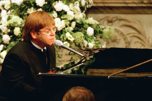 Elton John during his performance of ‘Candle In The Wind’ at the funeral of Diana, Princess of Wales