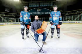 The Stena Line Belfast Giants celebrate a partnership with Four Star Pizza for the 2021/22 season. At Belfast Giants home games, Four Star Pizza will be providing free pizzas to fans that make the most noise in the stands at The SSE Arena. Included with Scott Higginson (Four Star Pizza store owner, centre) are Belfast Giants’ Jeff Baum and Slater Doggett