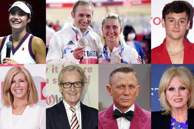 Recipients from the field of sport (top row, left to right) Emma Raducanu (MBE), Jason Kenny (Knighthood) Laura Kenny (Damehood) and Tom Daley (MBE); and recipients from the field of entertainment (bottom row, left to right) Kate Garraway (MBE), William Roache (OBE), Daniel Craig (CMG) and Joanna Lumley (Damehood)