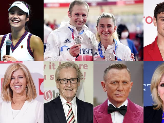 Recipients from the field of sport (top row, left to right) Emma Raducanu (MBE), Jason Kenny (Knighthood) Laura Kenny (Damehood) and Tom Daley (MBE); and recipients from the field of entertainment (bottom row, left to right) Kate Garraway (MBE), William Roache (OBE), Daniel Craig (CMG) and Joanna Lumley (Damehood)