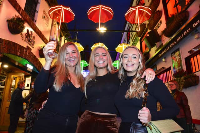Olivia Ryan, Ashley O'Donnell and Amy Pailin outside the Duke of York pub. Picture by Pacemaker Press.