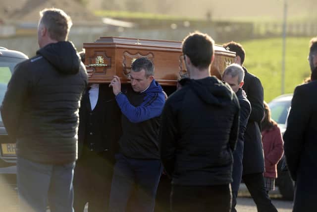 The coffin of Peter Alexander Finnegan being carried into St Patrick's Church, Clogher, CoTyrone, ahead of his funeral. The 21-year-old was one of three young men who were killed as a result of a collision with a lorry on the A5 road at Garvaghey in the early hours of Monday. Photo: Oliver McVeigh/PA Wire