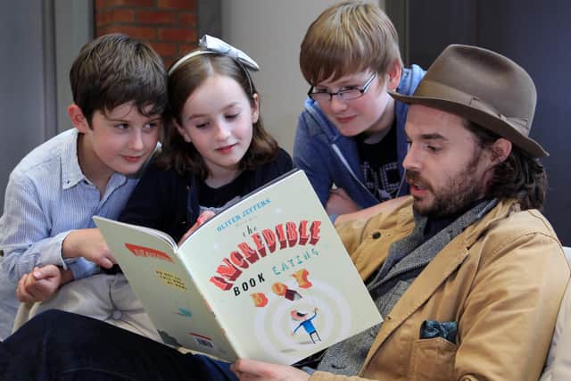 Oliver Jeffers reads to children in The MAC. Picture by Darren Kidd/Presseye.com