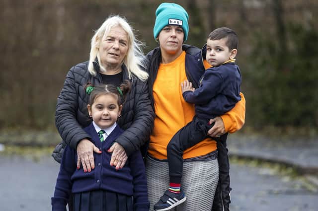 Margaret Deery (left) daughter of Peggy Deery, with her daughter Blanaid Monk and her children Banaz Ali (6) and Aylan Ali (3). Peggy Deery was the only woman shot on Bloody Sunday, Margaret speaks of how she and her family still feel the pain. Photo: Liam McBurney/PA Wire