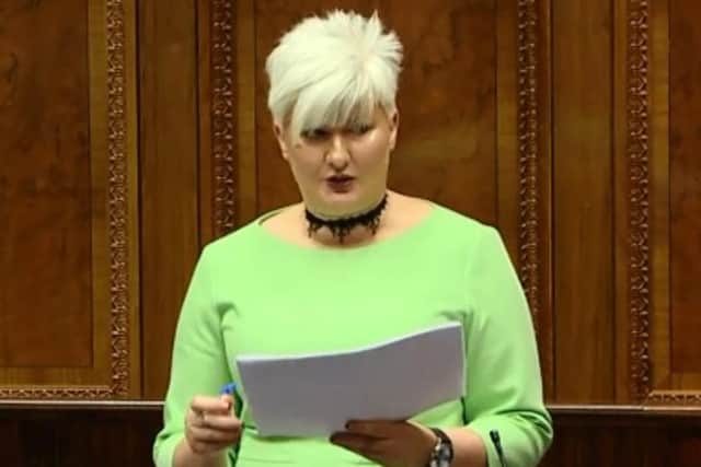 DUP MLA Joanne Bunting speaking in the Stormont assembly chamber. She had sought permission to plant the tree