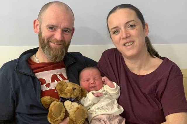The first baby born on January 1 2022 at the Royal Victoria Hospital in Belfast was a baby girl named Elsie-Rose, weighing 9lb 4oz, born at 00.22 to parents Louise Boyd and Colin Mitchell from Belfast. Pic Pacemaker