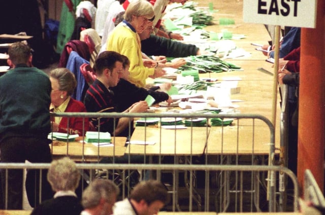 The referendum was held on both sides of the Irish border. Above, votes being counted  Saturday May 23 1998 at Dublin's Royal Horticultral Halls (AP photo/ John Cogill)