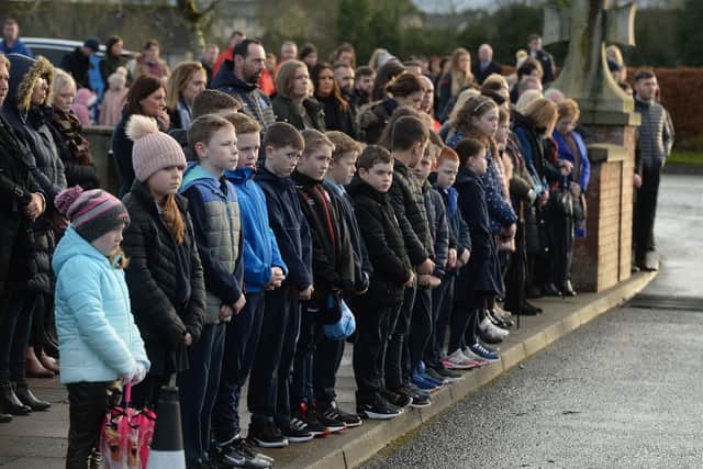 Mourners and children from the local school for the funeral of Peter (Petey) McNamee at the Church of the Immaculate Conception in Beragh. The 20-year-old was one of three young men who were killed as a result of a collision with a lorry on the A5 road at Garvaghey in the early hours of Monday morning. Picture: Oliver McVeigh/PA Wire