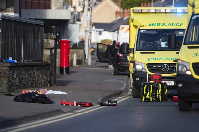 The scene in Downpatrick after a violent stabbing took place on the town's Church Street. Credit: Conor Kinahan / PACEMAKER PRESS