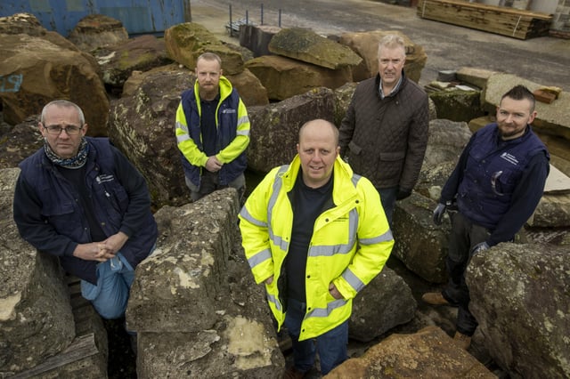 From left to right, Heritage Brick worker Louis Emmett, Banker Mason Stephen Hamilton, Heritage Skills Centre Manager Darren Sharratt, Head of State Care Operations Philip O???Neill and Conservation joiner David McFerran. A pilot project to revive the ancient craft skills needed to maintain historic monuments and buildings is being expanded across the island of Ireland. Picture date: Monday December 13 2021.