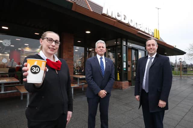 Paul Givan MLA, First Minister of Northern Ireland, McDonald’s franchisee John McCollum and Lynsey Allen, customer experience manager at McDonald’s Sprucefield