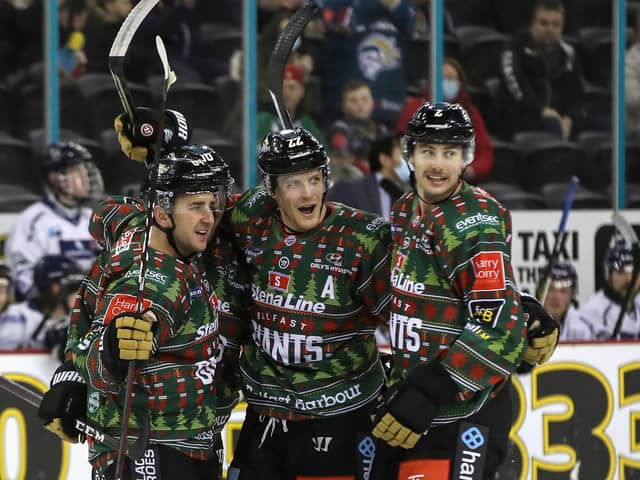 Belfast Giants’ David Goodwin celebrates scoring against the Dundee Stars during last Friday’s Elite Ice Hockey League game at the SSE Arena