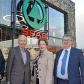 Ruth and Charlie Hamilton with Mr John Agnew, chairman of Henderson Group and Martin Agnew, joint managing director of Henderson Group, which owns the SPAR brand in Northern Ireland, at the opening of Hamilton’s SPAR, Castlederg after its recent renovation. The store is now the biggest SPAR store in the UK offering bays of fresh, locally sourced groceries for the town