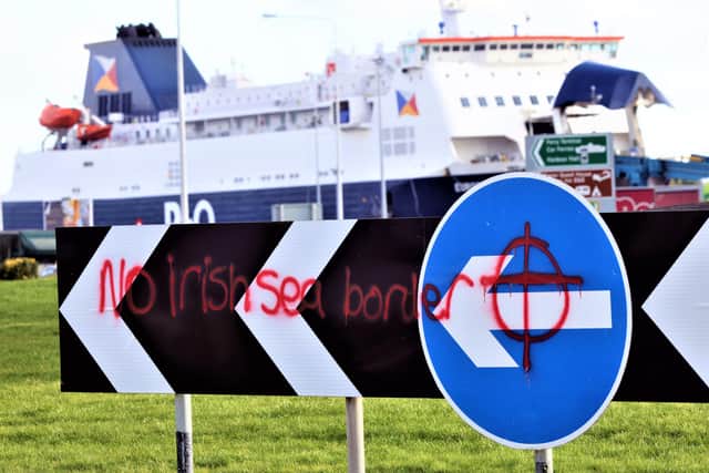 Graffiti warning against an Irish Sea border at Larne port