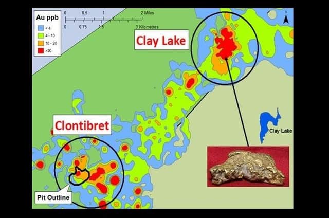 A map of the Clay Lake gold deposit area; the red means an elevated level of gold (over 20 parts per billion)