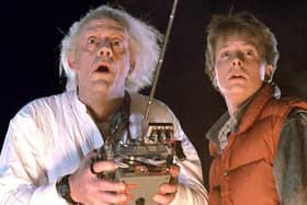 Christopher Lloyd as Doc Brown and Michael J Fox as Marty McFly in the iconic 1985 movie Back to the Future