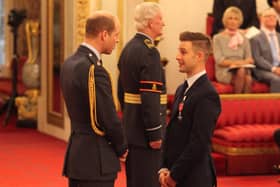 Jonathan Rea received an MBE for services to motorcycling from the Duke of Cambridge at Buckingham Palace in 2017. Picture: Jonathan Brady/PA Wire.